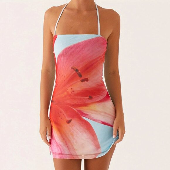 Y2K Halter Flower Print Slim Mini Bodycon Dress - Picture 1 of 8